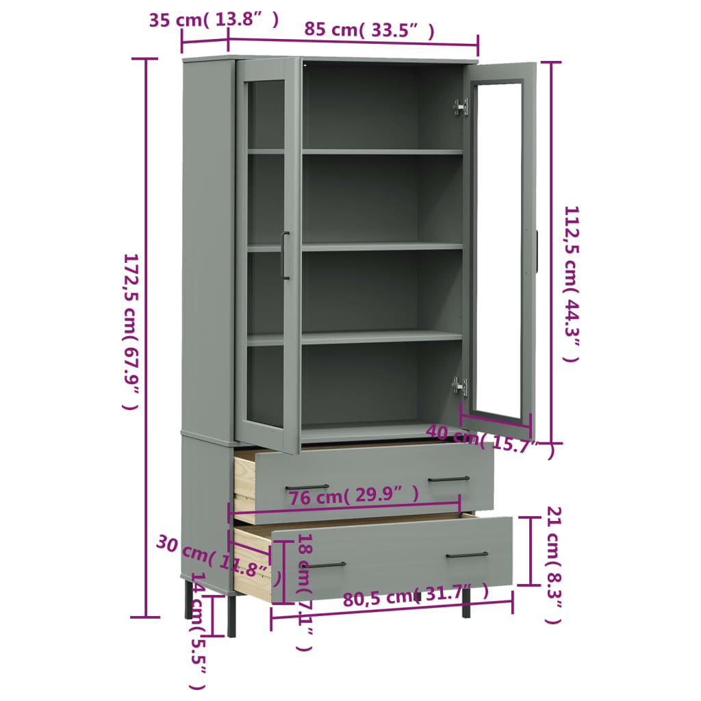 Βιβλιοθήκη OSLO Γκρι 85x35x172,5 εκ. Μασίφ Ξύλο με Μεταλ. Πόδια - Pakobazaar