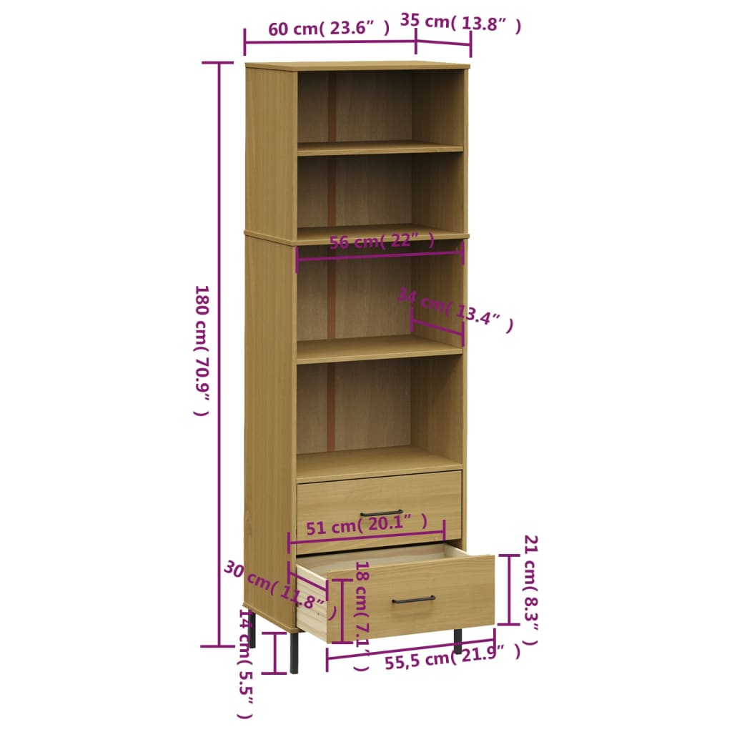 Βιβλιοθήκη OSLO με 2 Συρτάρια Καφέ 60x35x180 εκ. Μασίφ Ξύλο