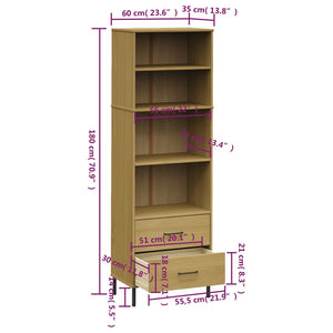 Βιβλιοθήκη OSLO με 2 Συρτάρια Καφέ 60x35x180 εκ. Μασίφ Ξύλο