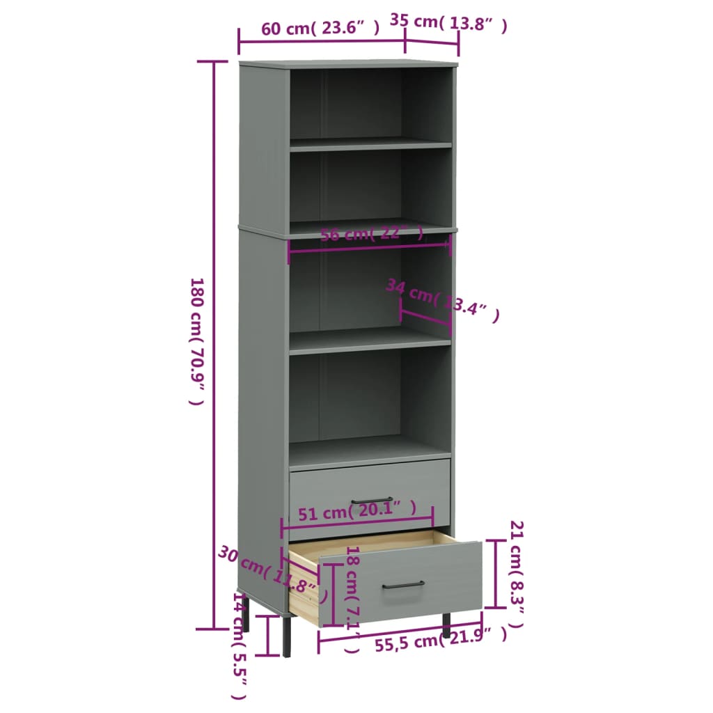 Βιβλιοθήκη OSLO με 2 Συρτάρια Γκρι 60x35x180 εκ. Μασίφ Ξύλο