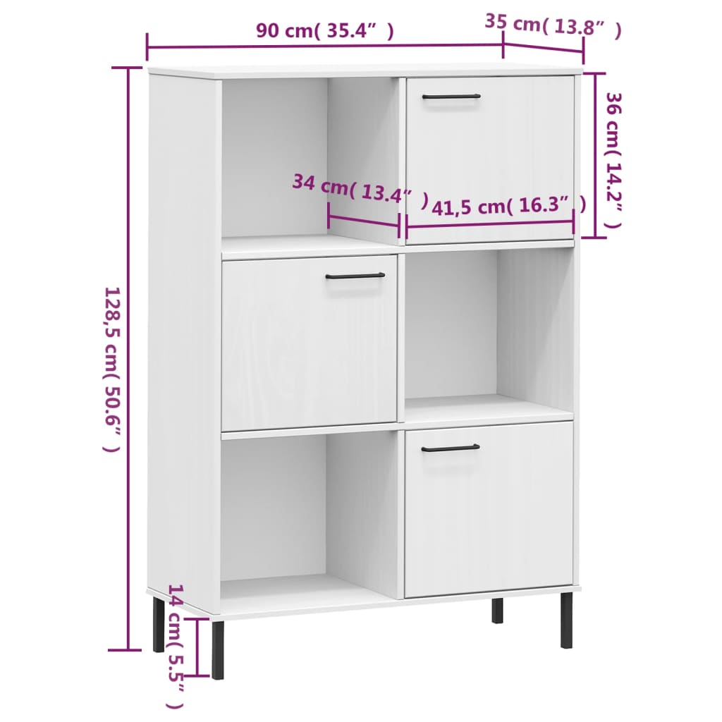 Βιβλιοθήκη OSLO Λευκή 90x35x128,5 εκ. Μασίφ Ξύλο με Μετ. Πόδια - Pakobazaar