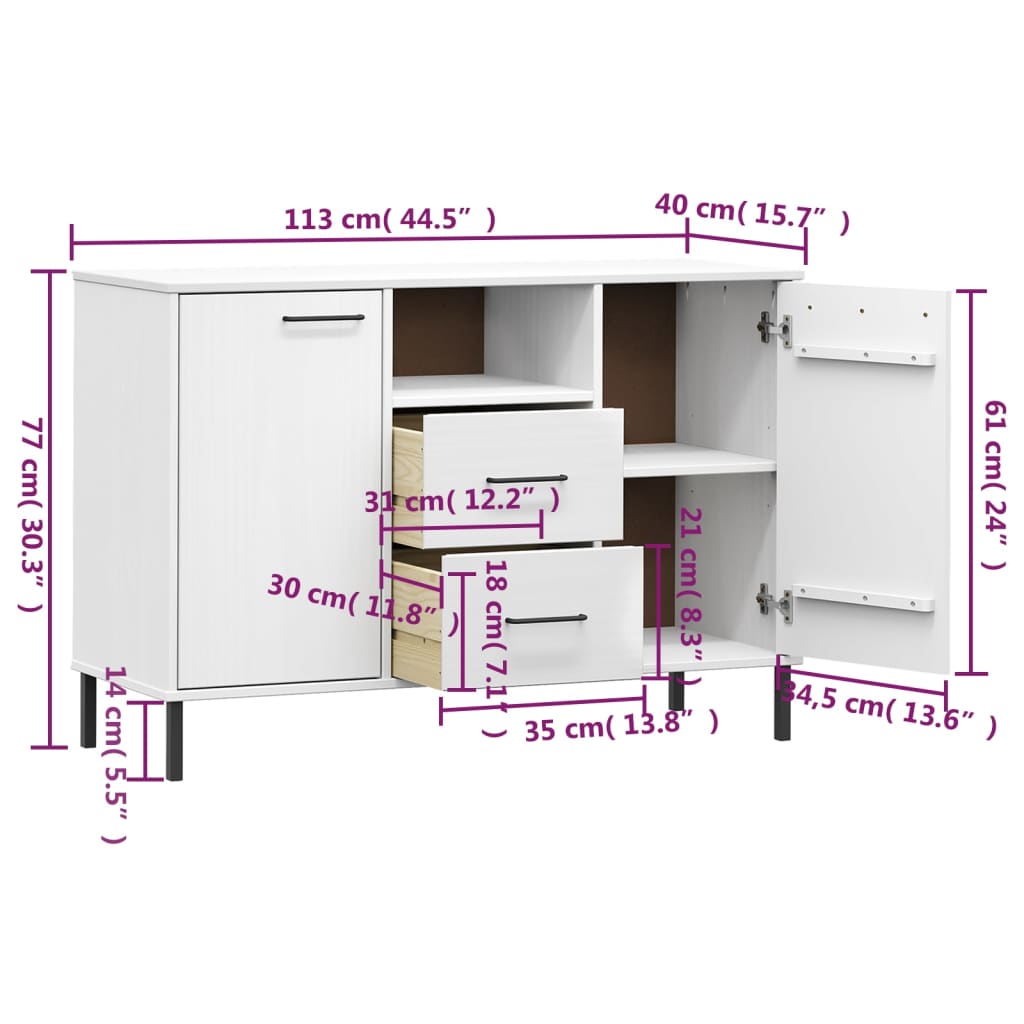 Ντουλάπι OSLO Λευκό 113x40x77 εκ. Μασίφ Ξύλο με Μετ. Πόδια