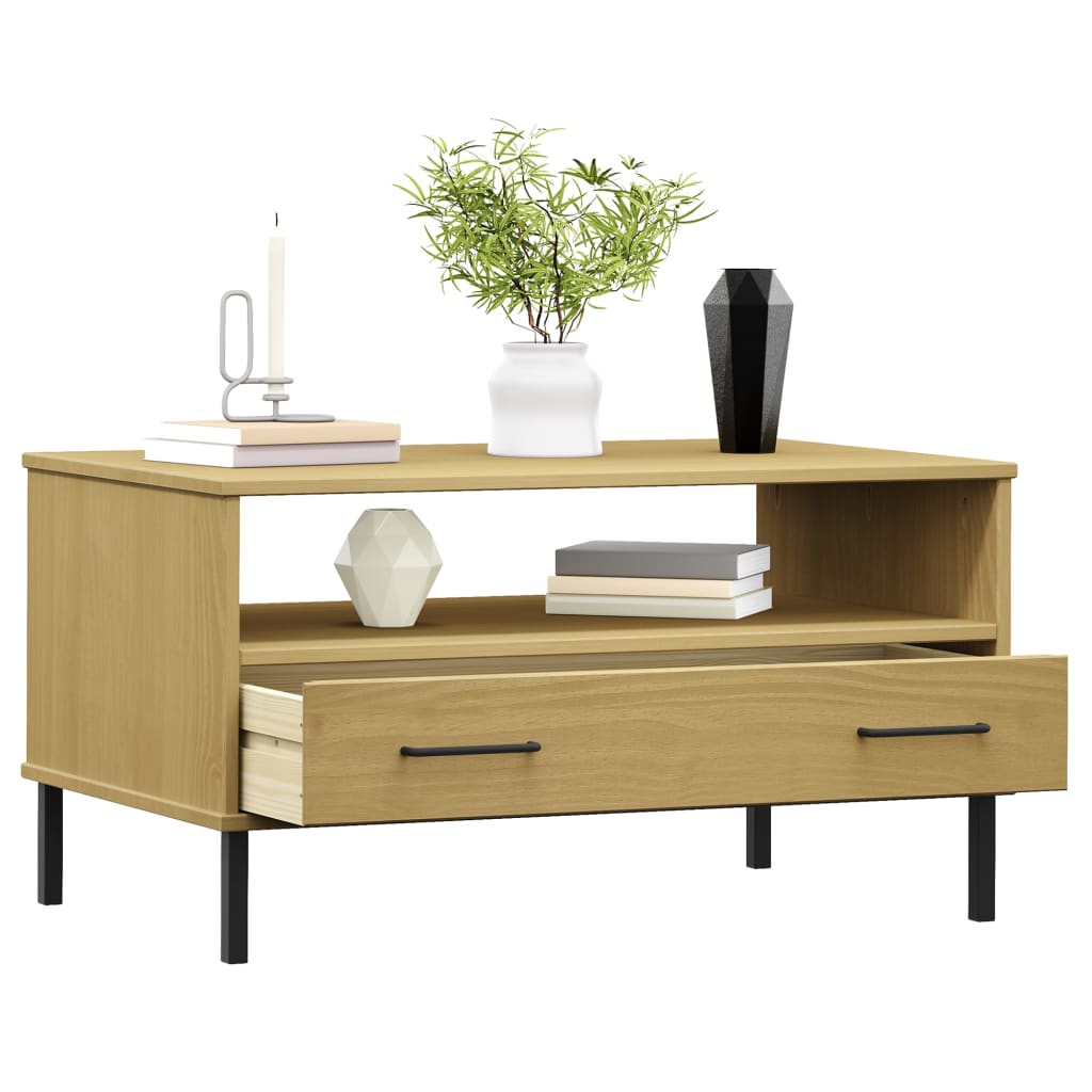 Τραπεζάκι Σαλονιού OSLO Καφέ 85x50x45 εκ. Μασίφ Ξύλο Μετ. Πόδια