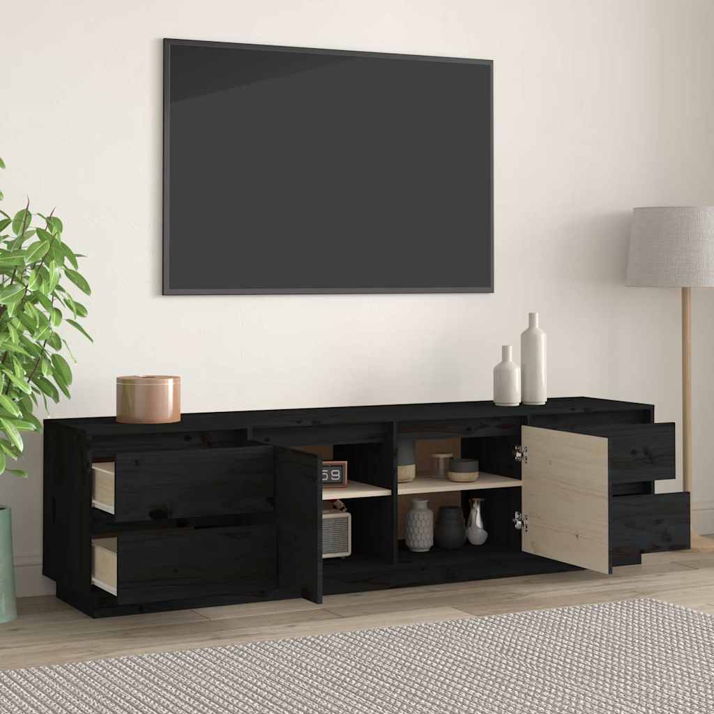 Έπιπλο Τηλεόρασης Μαύρο 176x37x47,5 εκ. από Μασίφ Ξύλο Πεύκου