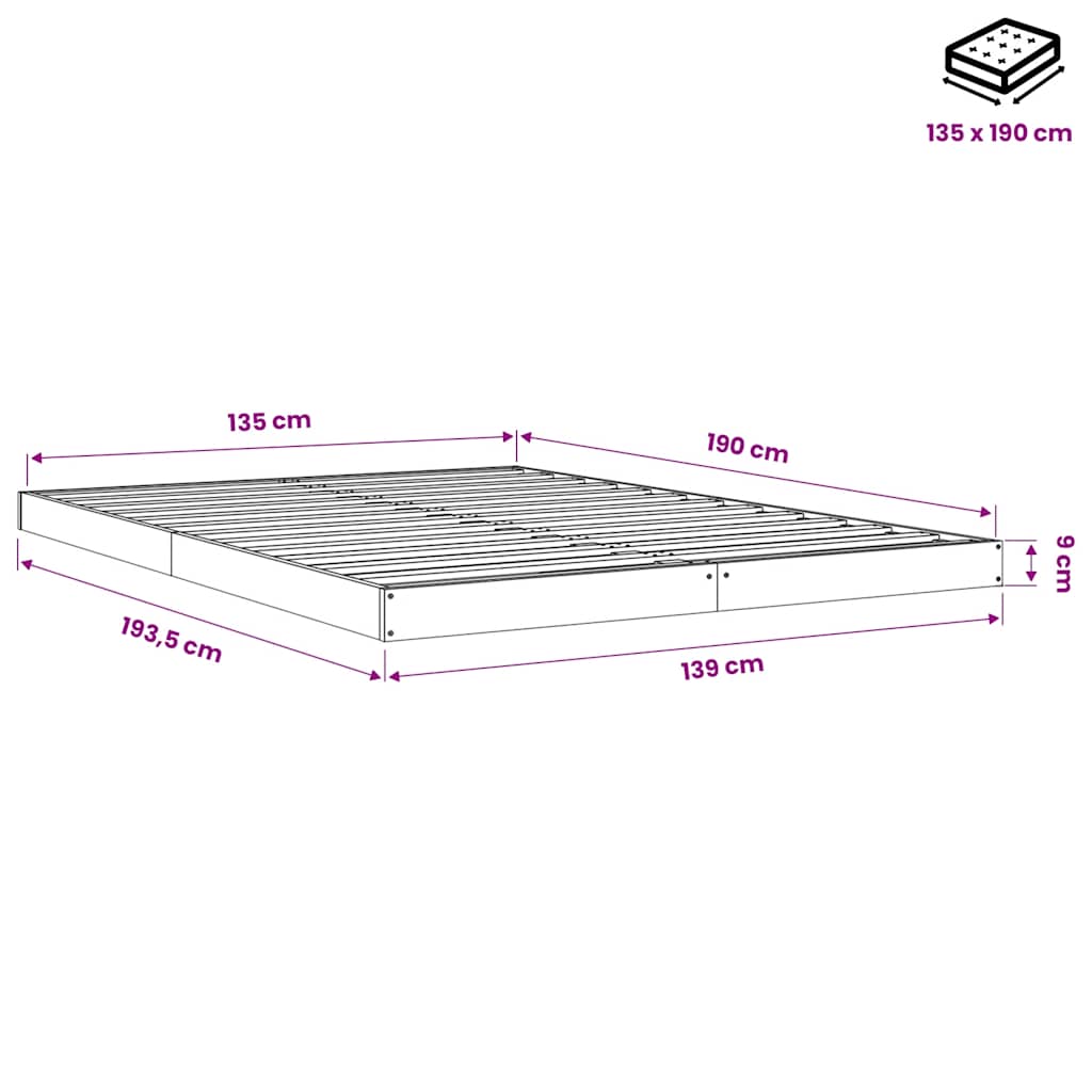 Σκελετός Κρεβατιού Μαύρος 135x190 εκ. Μασίφ Ξύλο Πεύκου Double