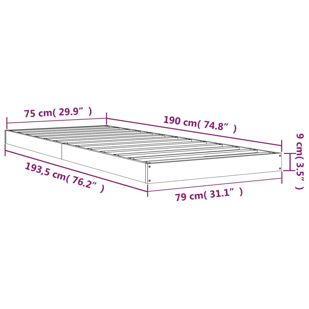 Πλαίσιο Κρεβατιού Λευκό 75 x 190 εκ. Μασίφ Πεύκο Small Single
