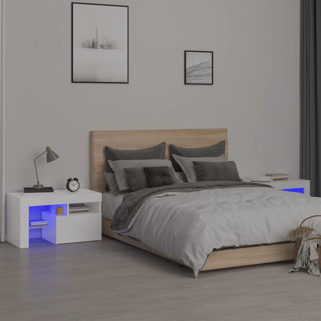 Κομοδίνα 2 τεμ. με LED Γυαλιστερό λευκό 70 x 36,5 x 40 εκ.