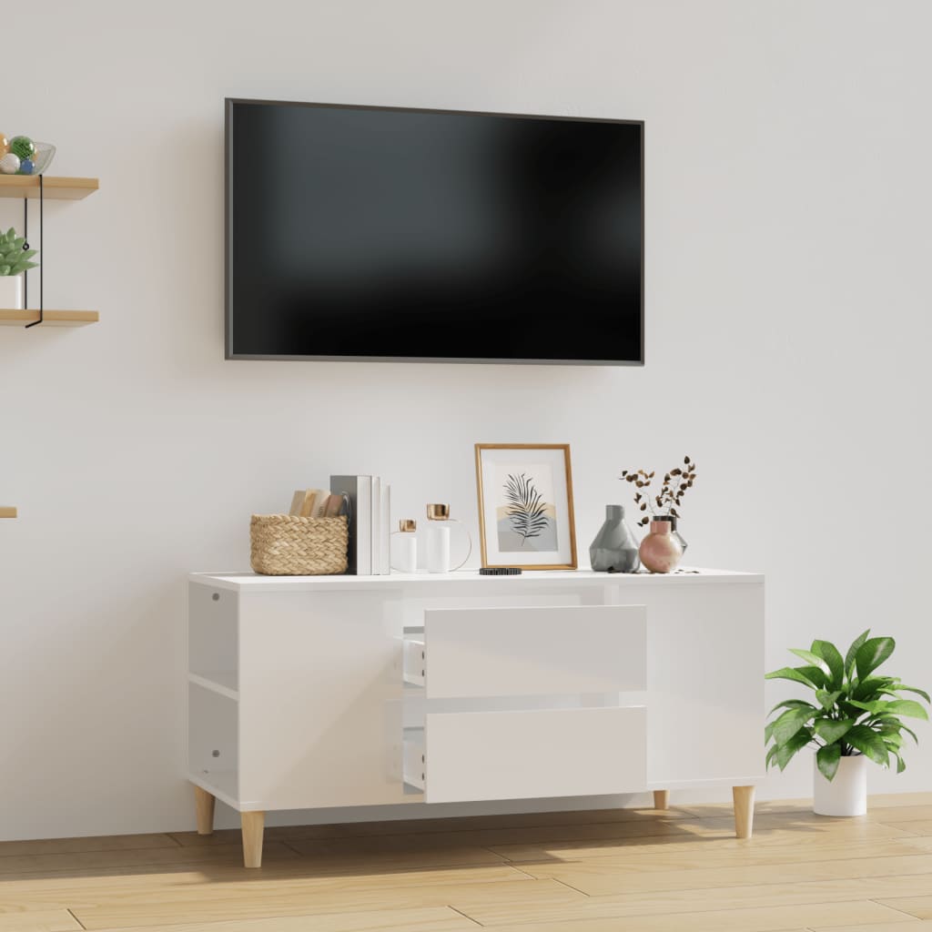 Έπιπλο Τηλεόρασης Γυαλ. Λευκό 102x44,5x50 εκ.Επεξεργασμένο Ξύλο