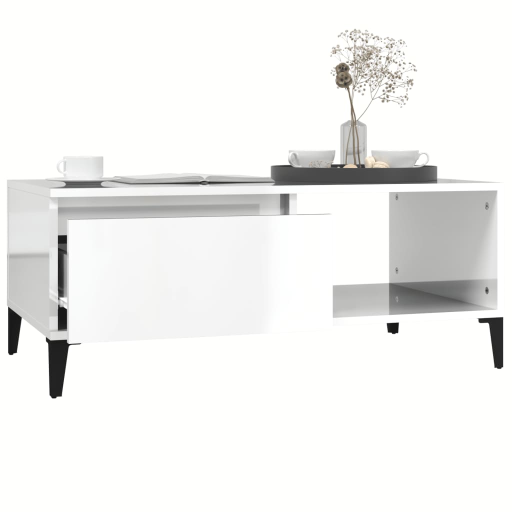 Τραπεζάκι Σαλονιού Γυαλ. Λευκό 90x50x36,5 εκ. Επεξεργ. Ξύλο