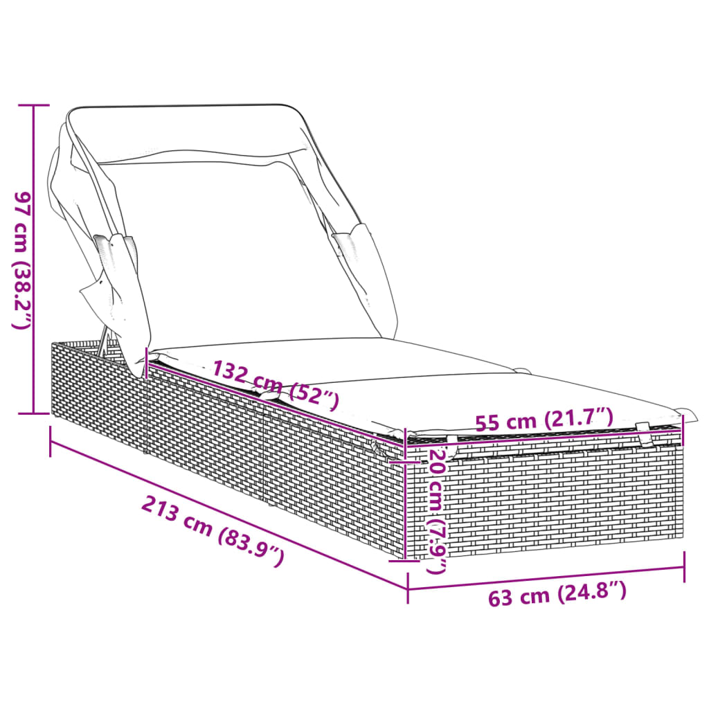 Ξαπλώστρα Πτυσσόμενη Οροφή Μαύρη 213 x 63 x 97 εκ. Συνθ. Ρατάν