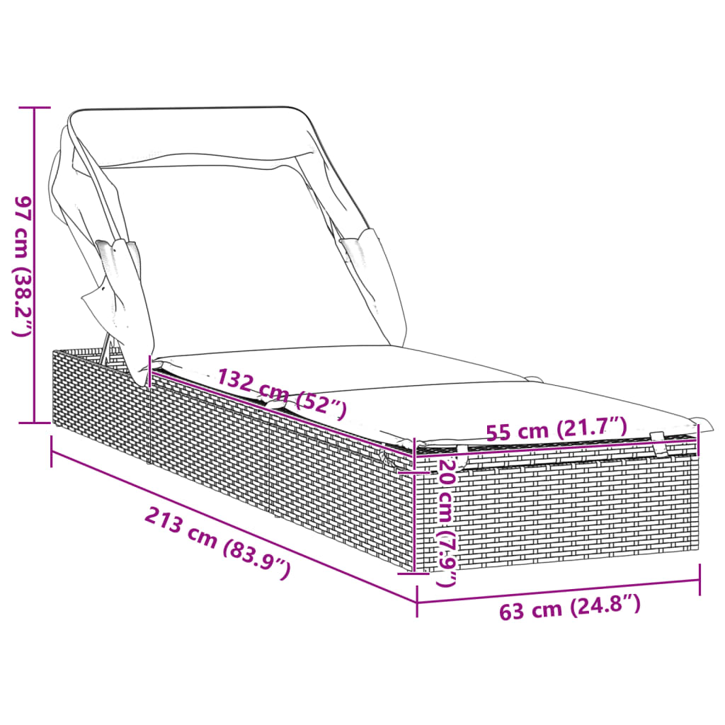 Ξαπλώστρα με Πτυσσόμενη Οροφή Γκρι 213x63x97 εκ. Συνθ. Ρατάν