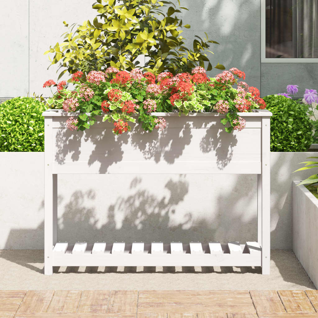 Ζαρντινιέρα με Ράφι Λευκή 111,5x34,5x81 εκ. Μασίφ Ξύλο Πεύκου