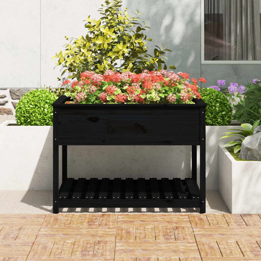 Ζαρντινιέρα με Ράφι Μαύρη 111,5x111,5x81 εκ. Μασίφ Ξύλο Πεύκου
