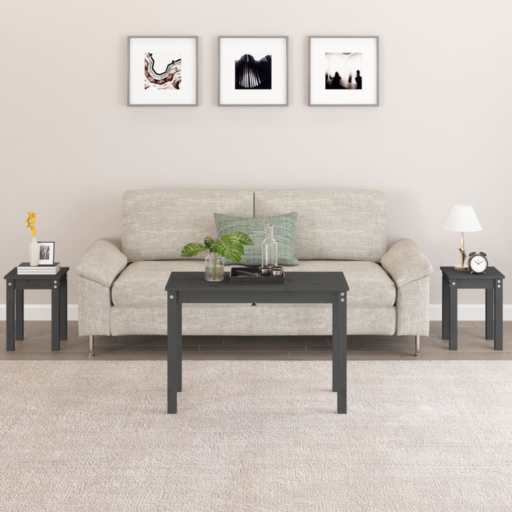 Τραπεζάκια Ζιγκόν 3 τεμ. Γκρι από Μασίφ Ξύλο Πεύκου