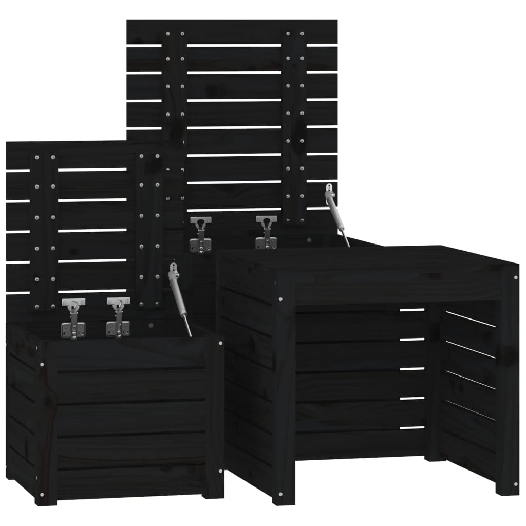 Μπαούλα Κήπου Σετ 3 Τεμαχίων Μαύρα από Μασίφ Ξύλο Πεύκου - Pakobazaar