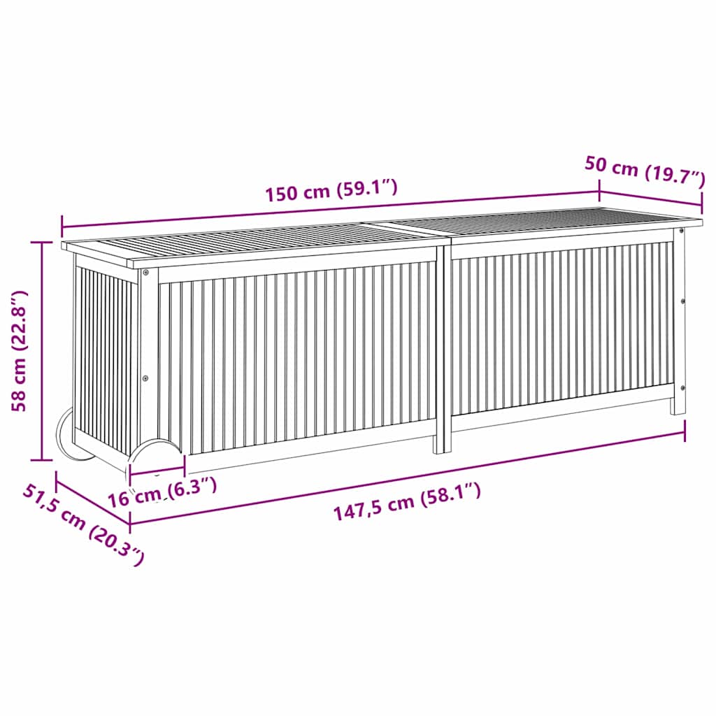 Μπαούλο Αποθήκευσης Κήπου με Ρόδες 150x50x58 εκ. Μασίφ Ακακία