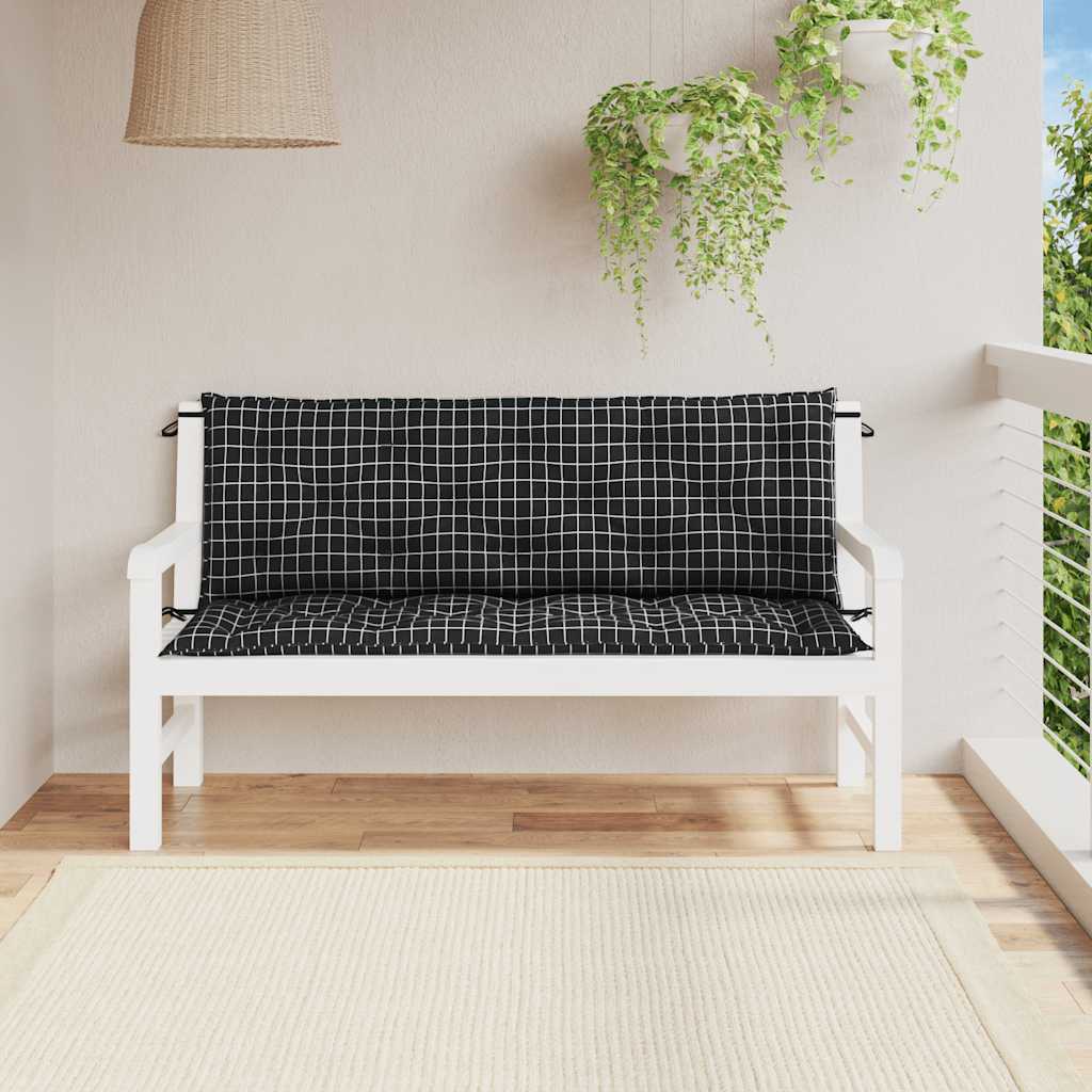 Μαξιλάρια Πάγκου Κήπου 2 τεμ. Μαύρο Καρό 150x50x7 εκ. Ύφασμα - Pakobazaar