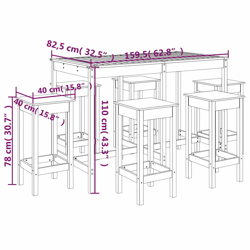Σετ Επίπλων Μπαρ Κήπου 7 Τεμαχίων Μαύρο από Μασίφ Ξύλο Πεύκου - Pakobazaar