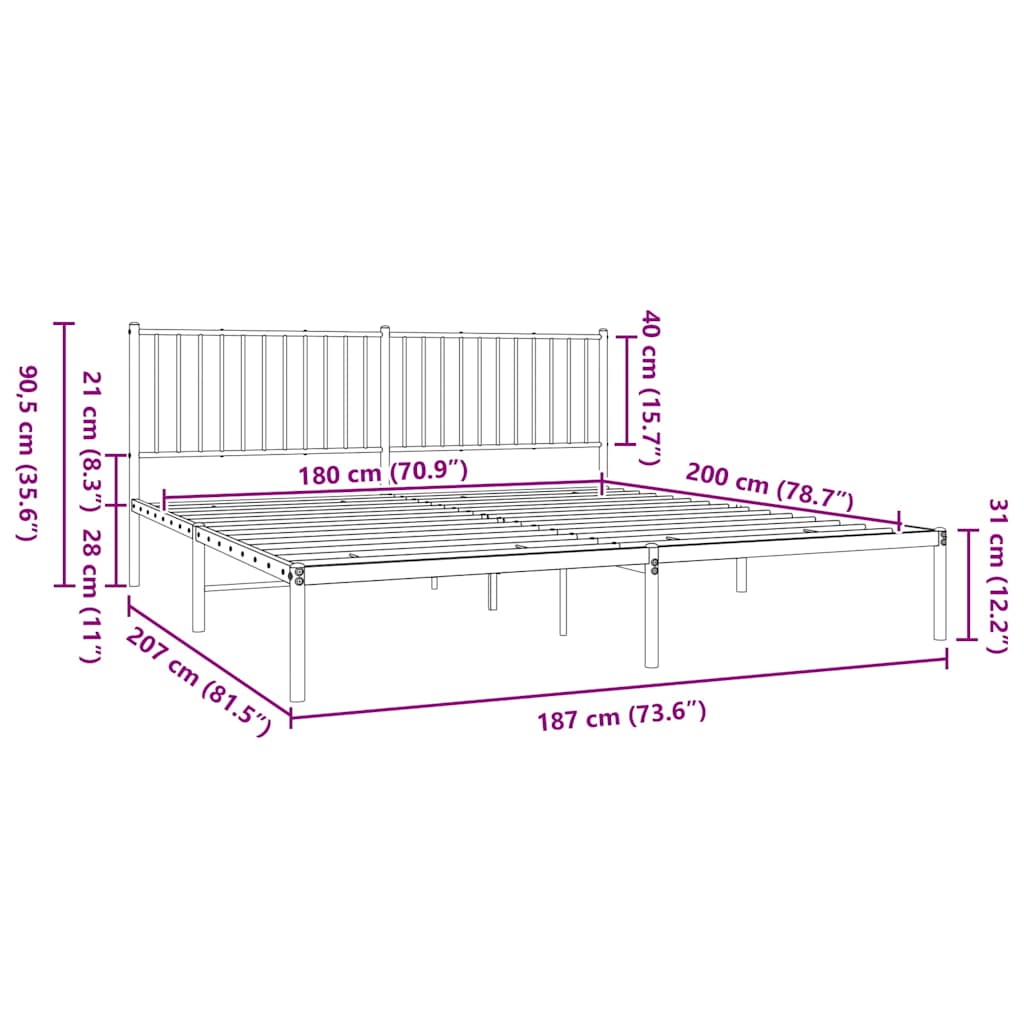 Πλαίσιο Κρεβατιού με Κεφαλάρι Μαύρο 180 x 200 εκ. Μεταλλικό