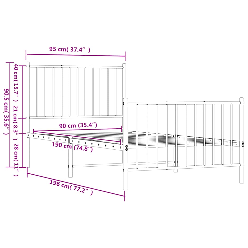 Πλαίσιο Κρεβατιού με Κεφαλάρι/Ποδαρικό Λευκό 90x190 εκ. Μέταλλο