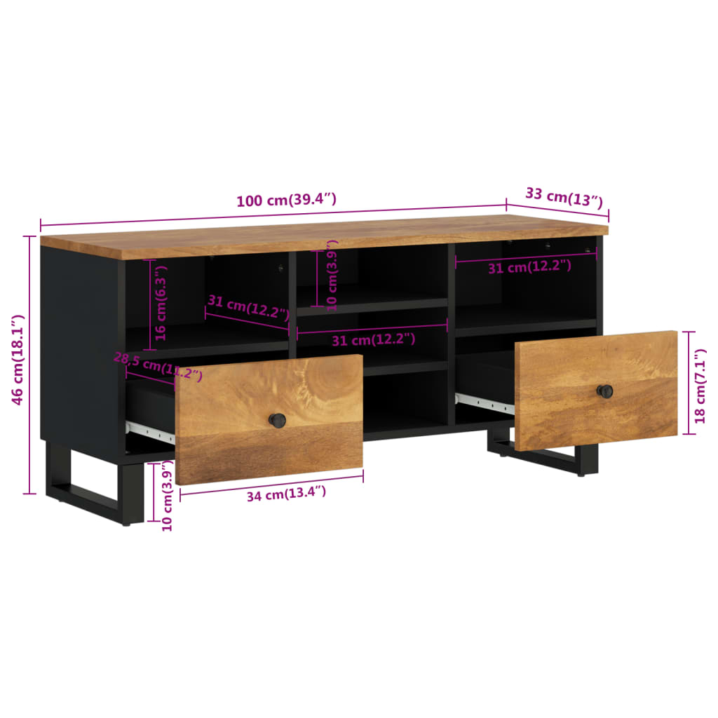 Έπιπλο Τηλεόρασης 100x33x46 εκ. Μασίφ Ξύλο Μάνγκο & Επεξ. Ξύλο