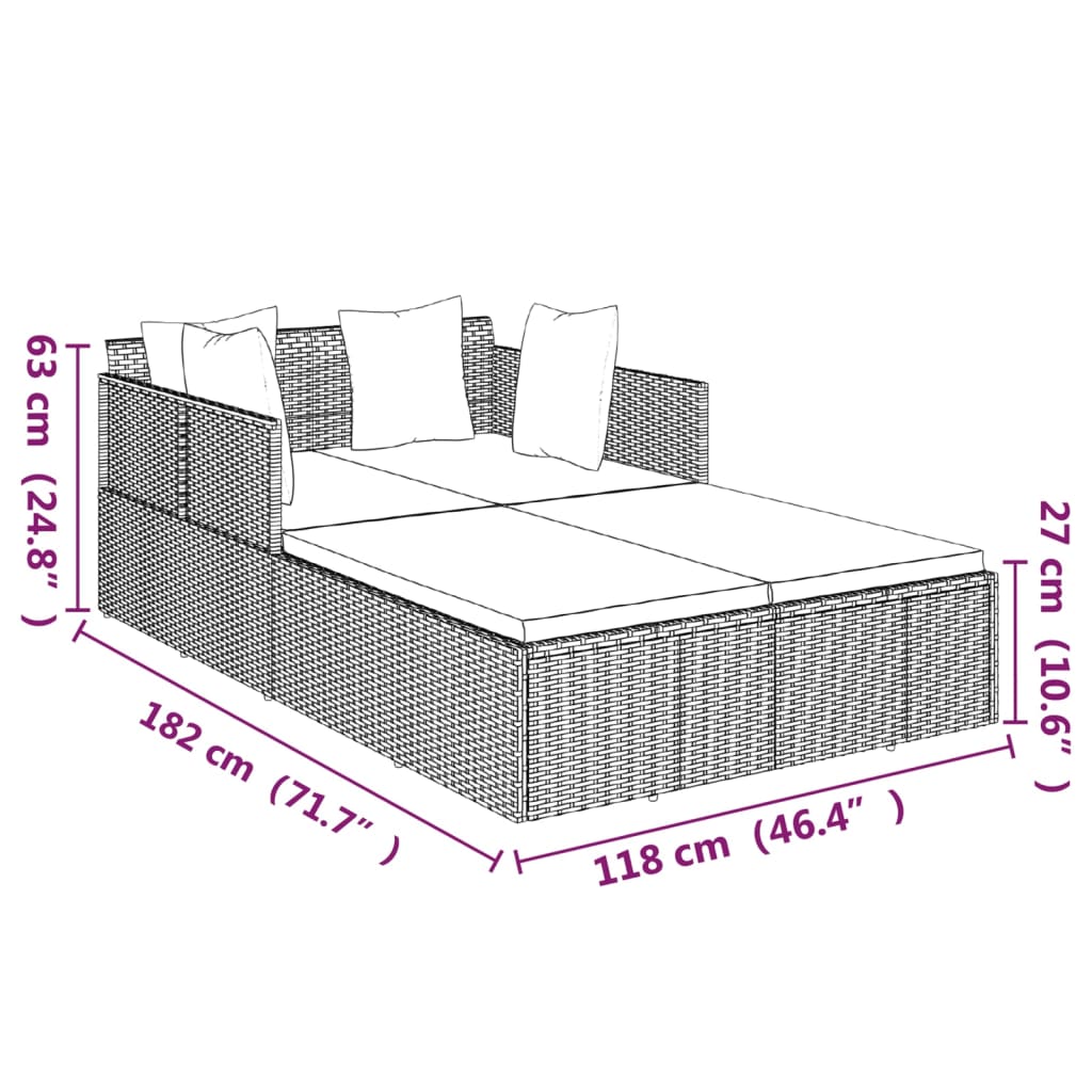 Ξαπλώστρα Γκρι 182 x 118 x 63 εκ. Συνθετικό Ρατάν με Μαξιλάρια - Pakobazaar