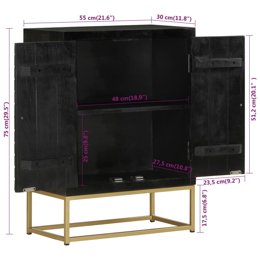Ντουλάπι με 2 Πόρτες Μαύρο/Χρυσό 55x30x75 εκ. Μασίφ Ξύλο Μάνγκο
