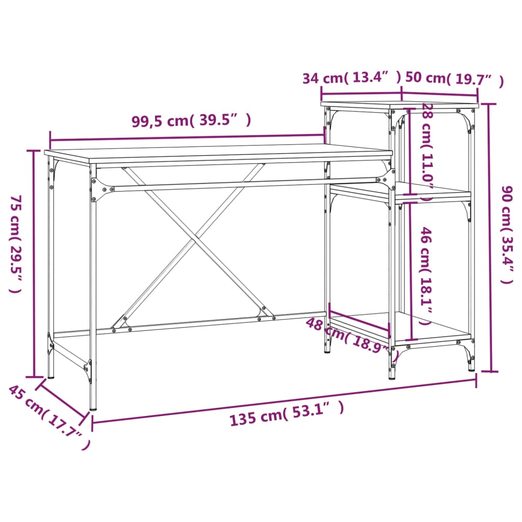 Γραφείο με Ράφια Καφέ Δρυς 135x50x90 εκ. Επεξ. Ξύλο/Σίδηρος
