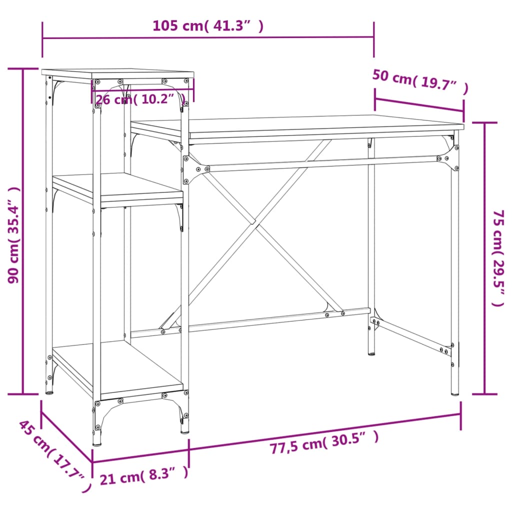 Γραφείο με Ράφια Καφέ Δρυς 105x50x90 εκ. Επεξ. Ξύλο/Σίδηρος