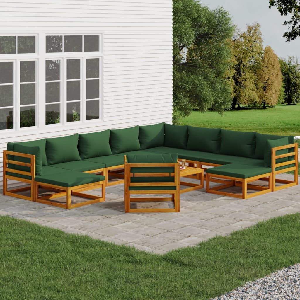 Σαλόνι Κήπου Σετ 12 Τεμαχίων Μασίφ Ξύλο με Πράσινα Μαξιλάρια - Pakobazaar