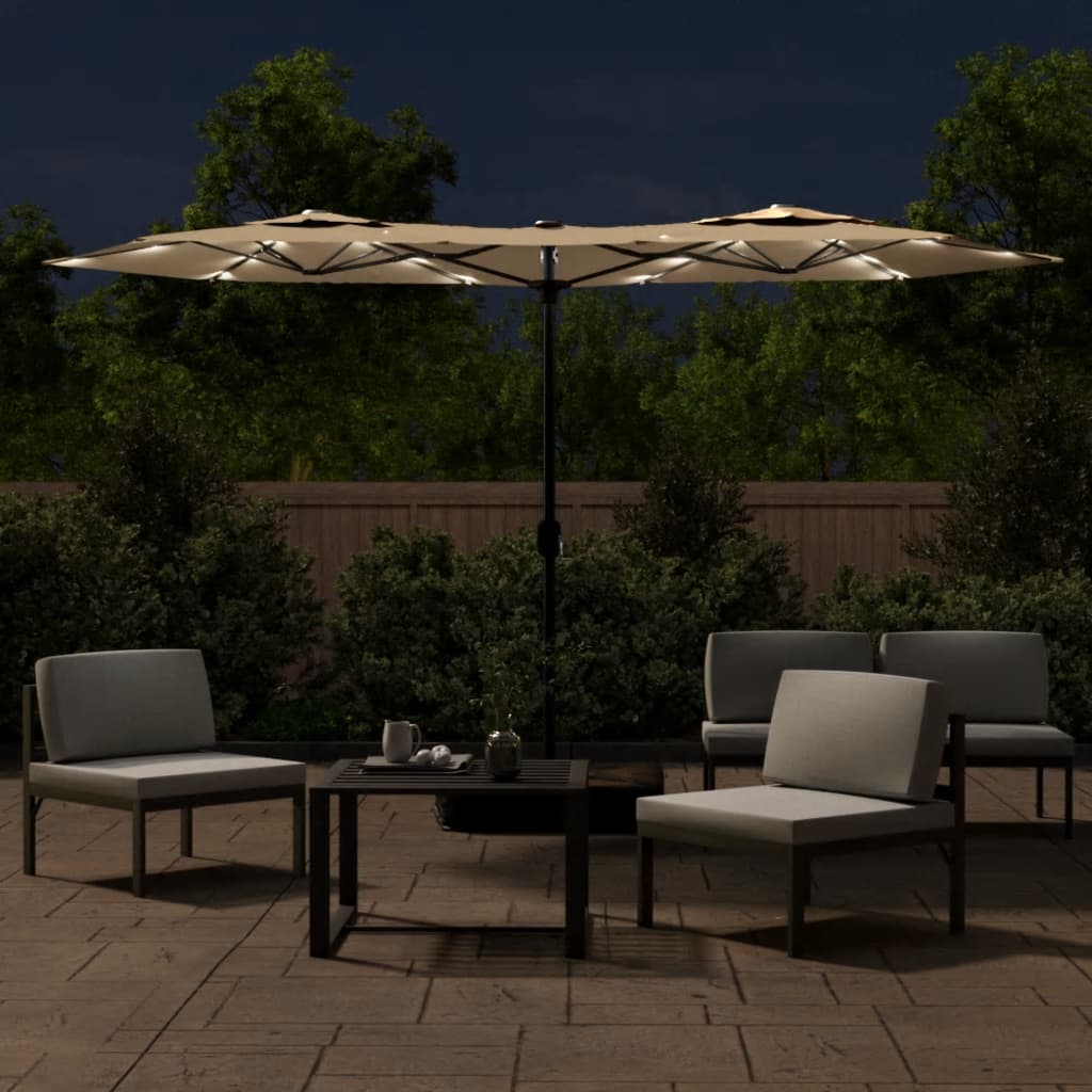 Ομπρέλα Κήπου με Διπλή Κορυφή και LED Taupe 316 x 145 εκ.