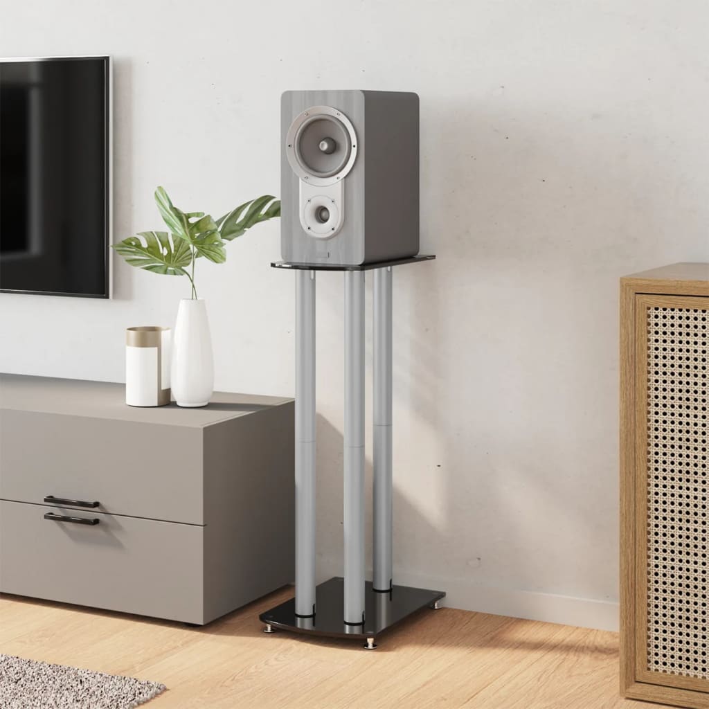 Βάσεις Ηχείων με 3 Στήλες 2 τεμ. Μαύρο/Ασημί από Ψημένο Γυαλί - Pakobazaar