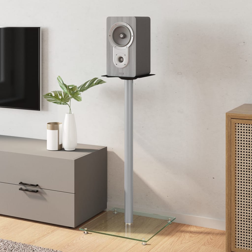 Βάσεις Ηχείων με 1 Στήλη 2 τεμ. Ασημί από Ψημένο Γυαλί