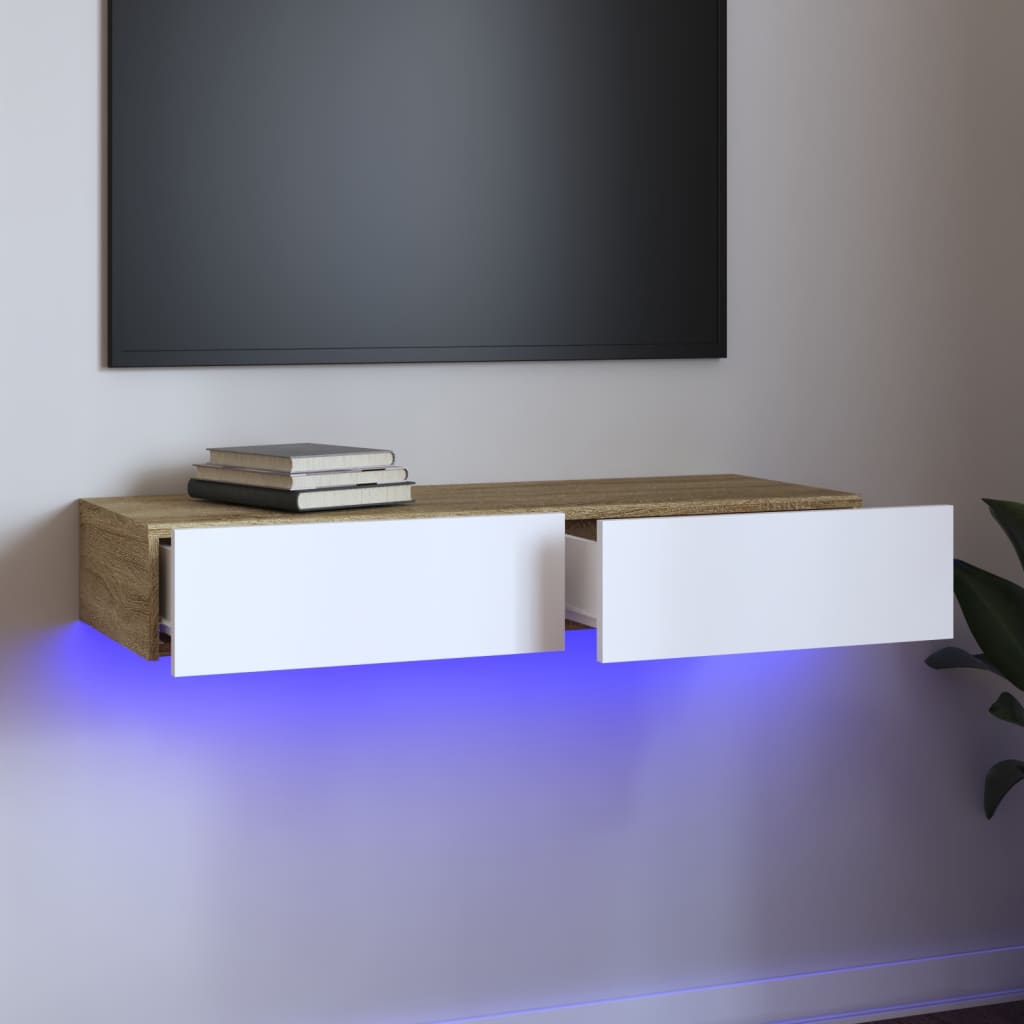 Έπιπλο Τηλεόρασης με LED Λευκό/Sonoma Δρυς Oak 90x35x15,5 εκ.