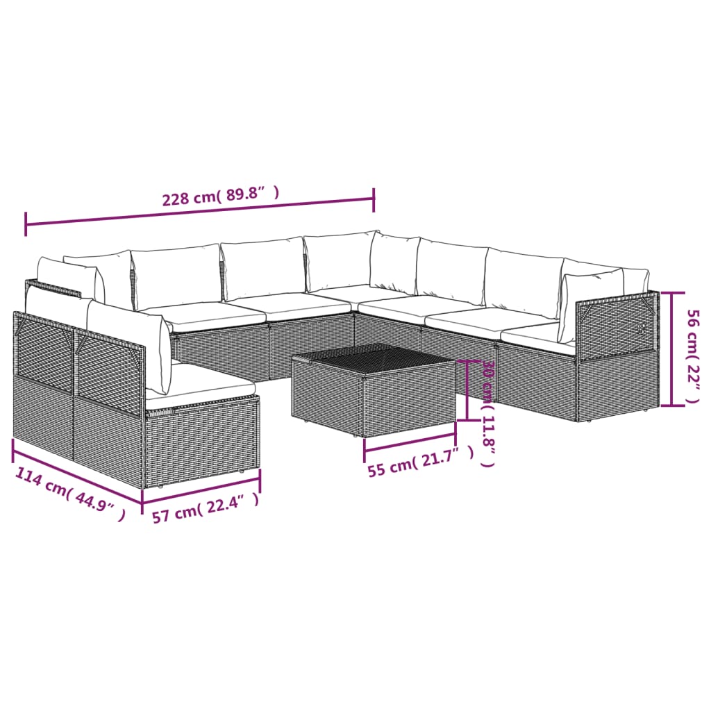Σαλόνι Κήπου 10 Τεμαχίων Γκρι από Συνθετικό Ρατάν με Μαξιλάρια