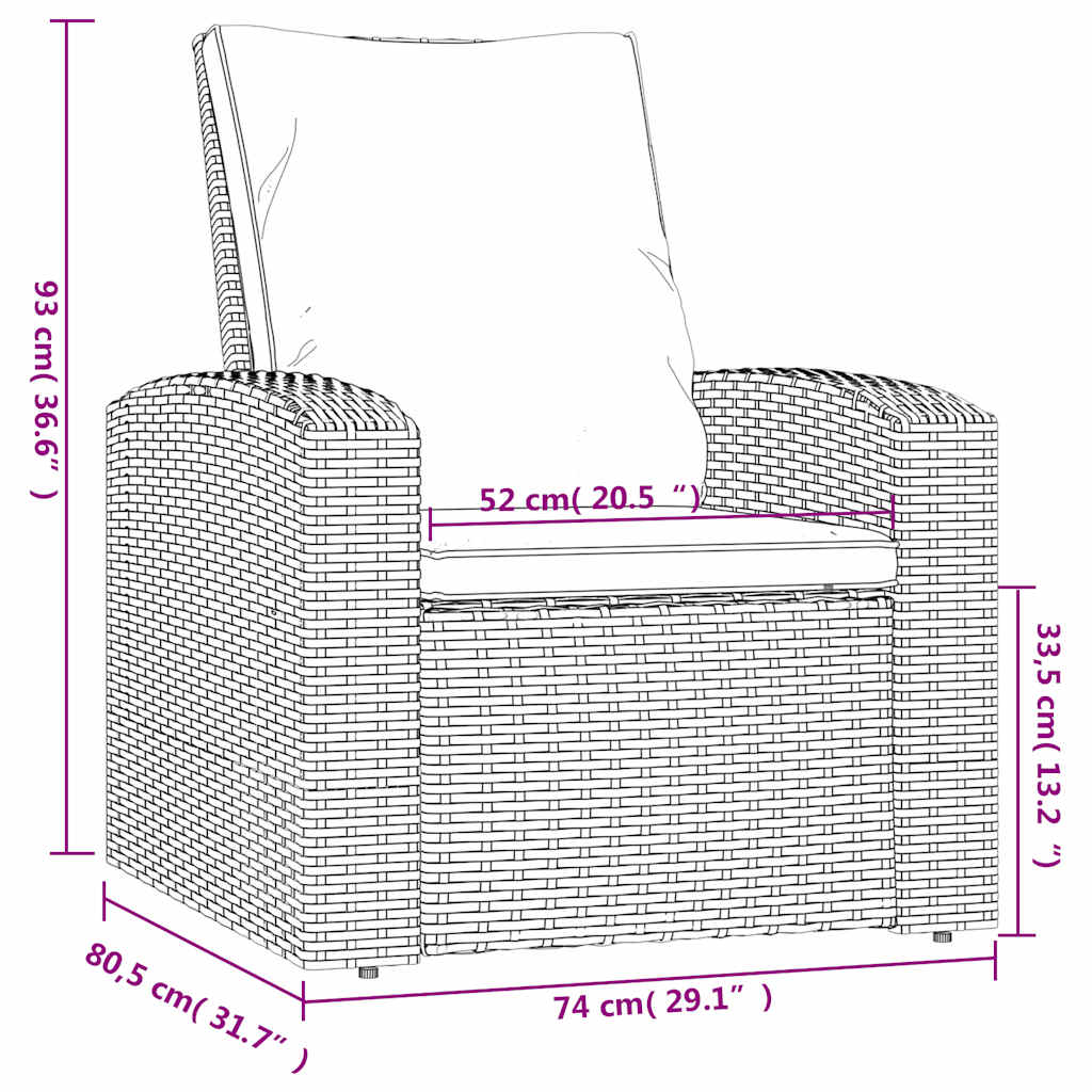 Καρέκλα Κήπου Ανακλινόμενη Μαύρη Συνθετικό Ρατάν με Μαξιλάρια