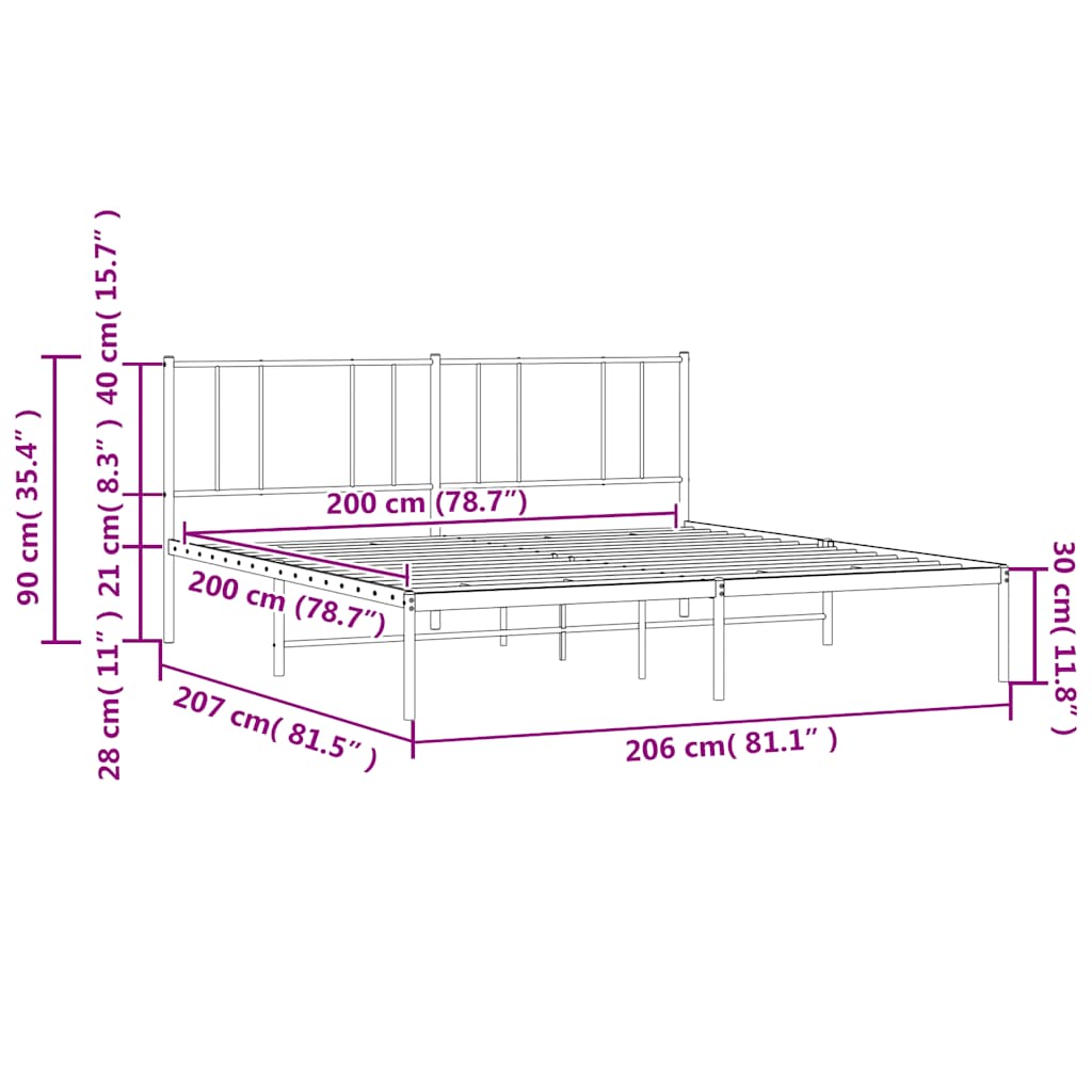 Πλαίσιο Κρεβατιού με Κεφαλάρι Μαύρο 200 x 200 εκ. Μεταλλικό - Pakobazaar