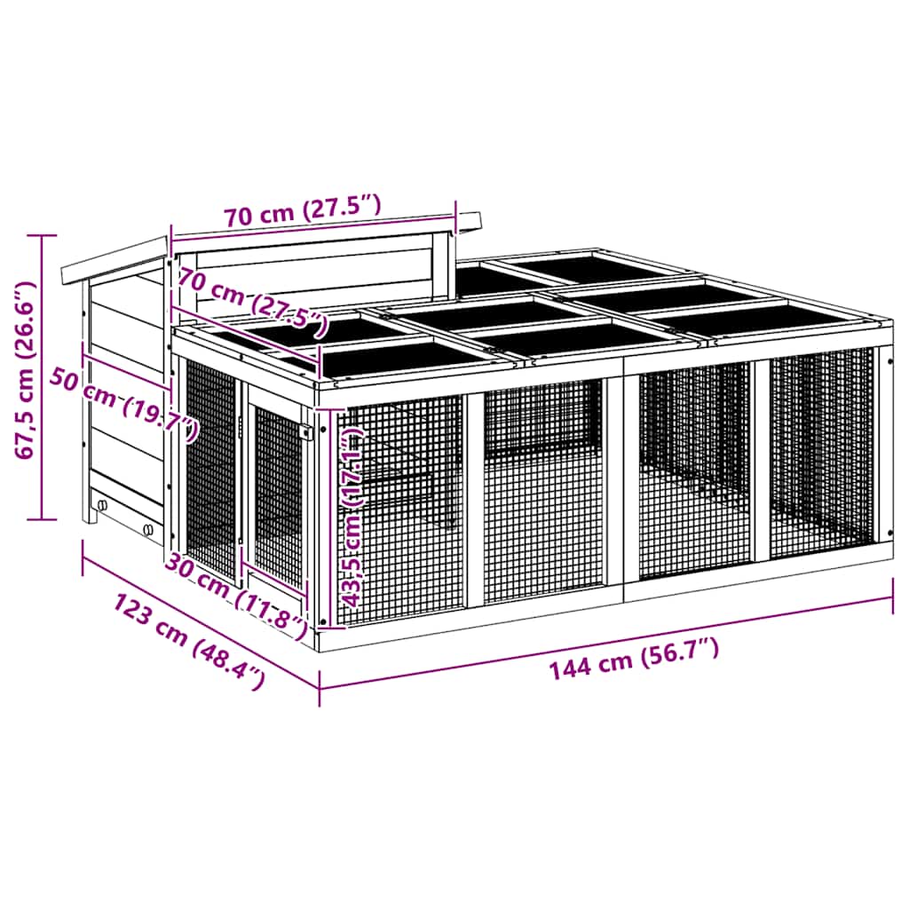 Κλουβί Κουνελιών Γκρι 144 x 123 x 67,5 εκ. Μασίφ Ξύλο Πεύκου - PAKOBAZAAR
