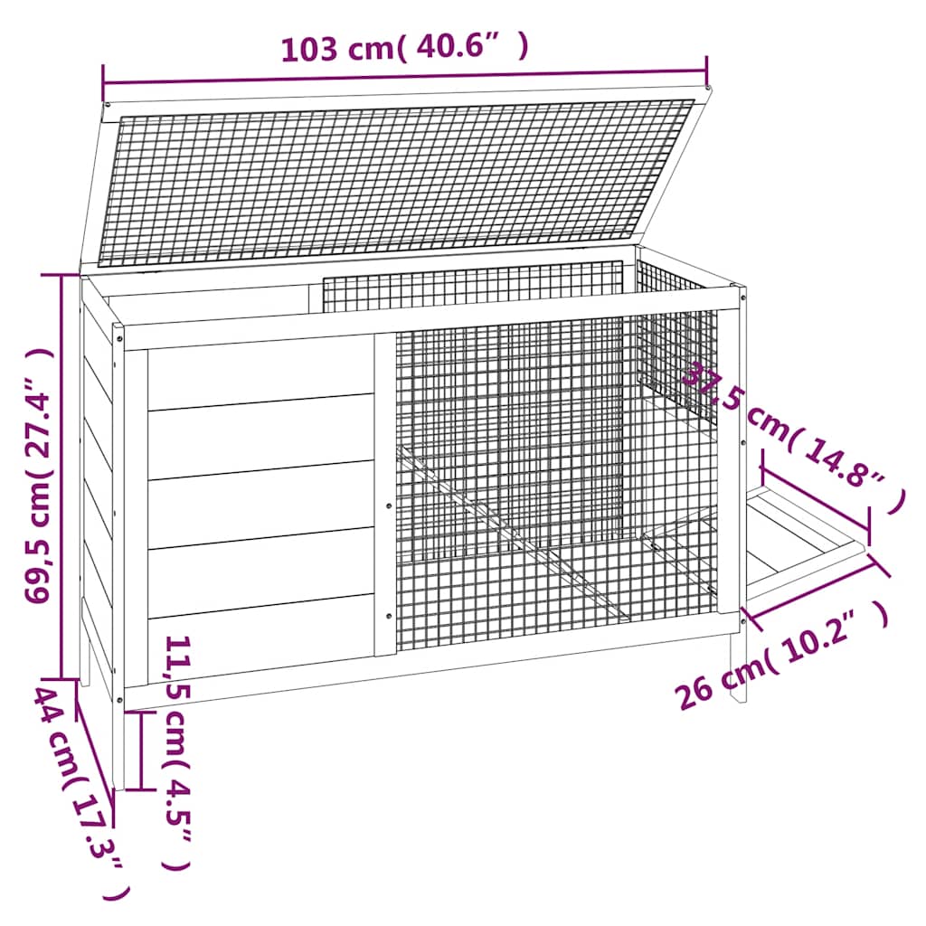 Κλουβί Κουνελιών Γκρι 103 x 44 x 69,5 εκ. Μασίφ Ξύλο Πεύκου - Pakobazaar