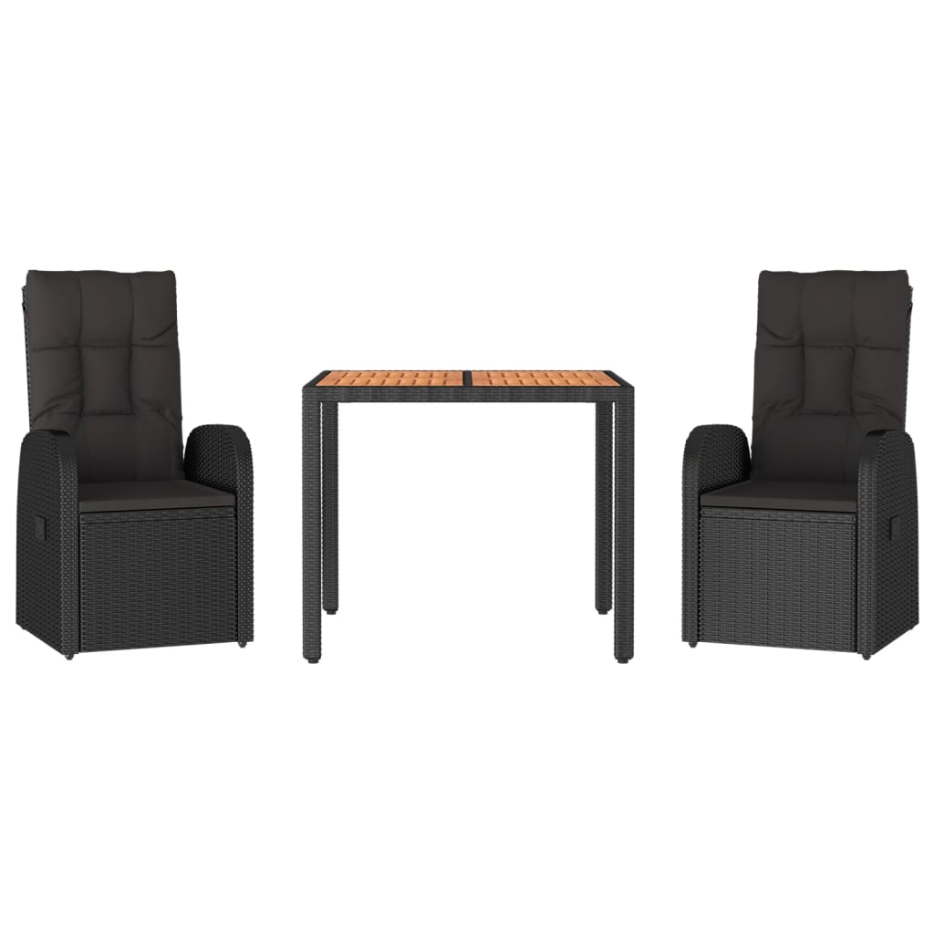 Σετ Τραπεζαρίας Κήπου 3 τεμ. Μαύρο Συνθετικό Ρατάν με Μαξιλάρια