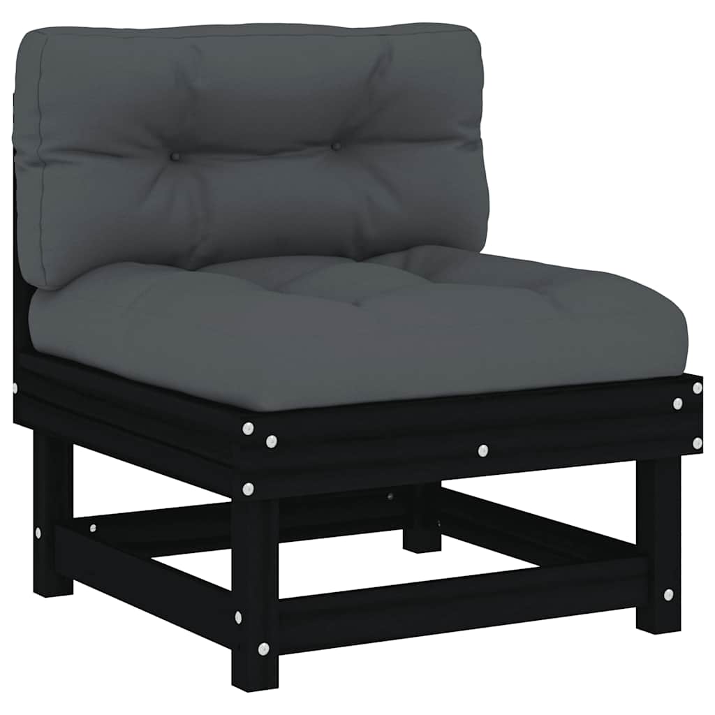 Καναπές Μεσαίος με Μαξιλάρια Μαύρος από Μασίφ Ξύλο Πεύκου - Pakobazaar