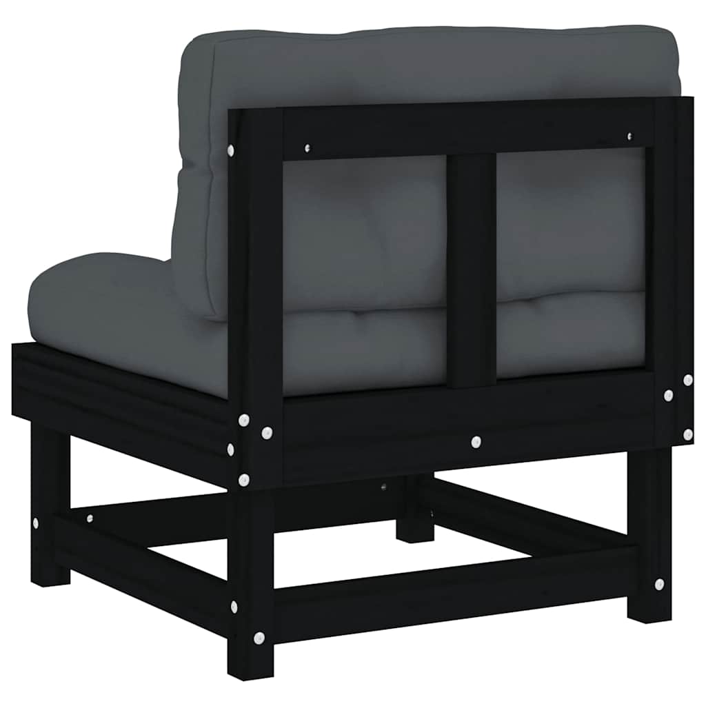 Καναπές Μεσαίος με Μαξιλάρια Μαύρος από Μασίφ Ξύλο Πεύκου - Pakobazaar