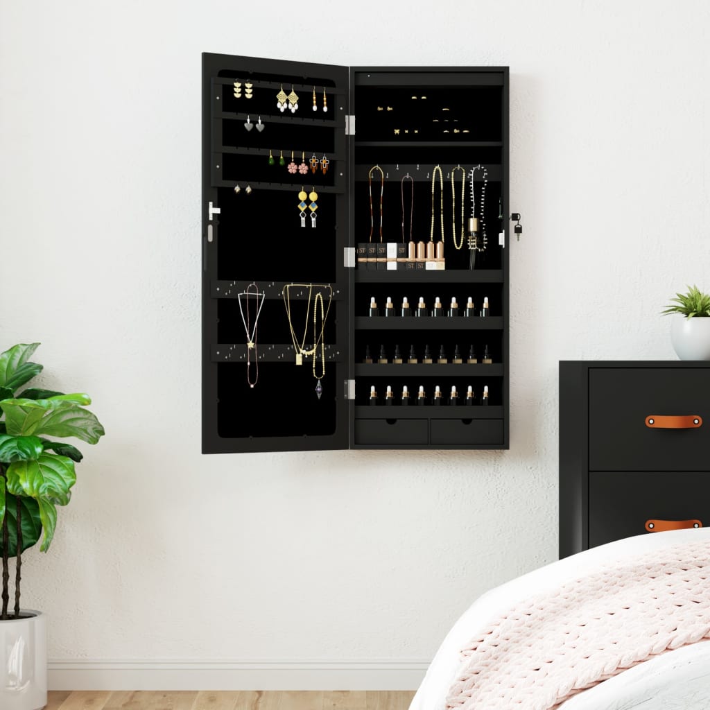 Έπιπλο Κοσμημάτων με Καθρέφτη/LED Φώτα Επιτοίχιο Μαύρο