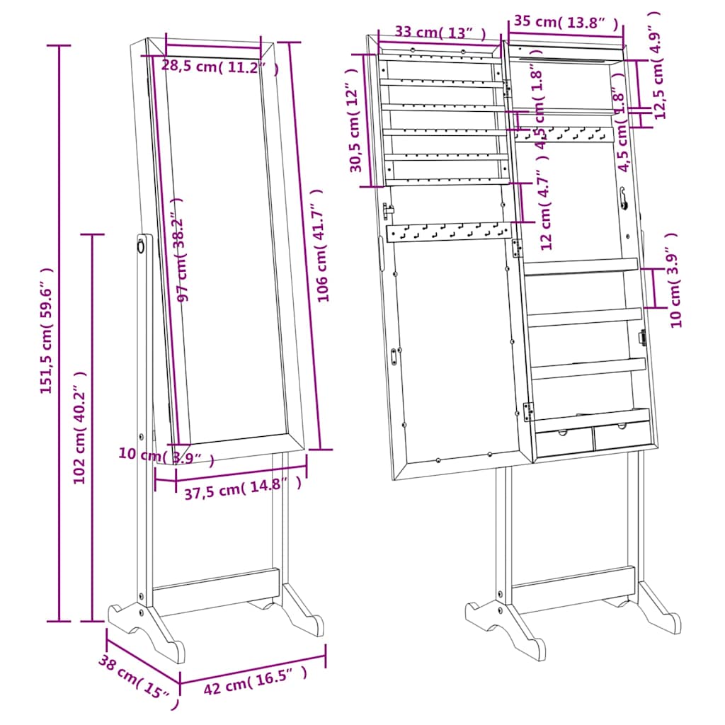 Έπιπλο Κοσμημάτων με Καθρέφτη & LED Φώτα Επιδαπέδιο Λευκό