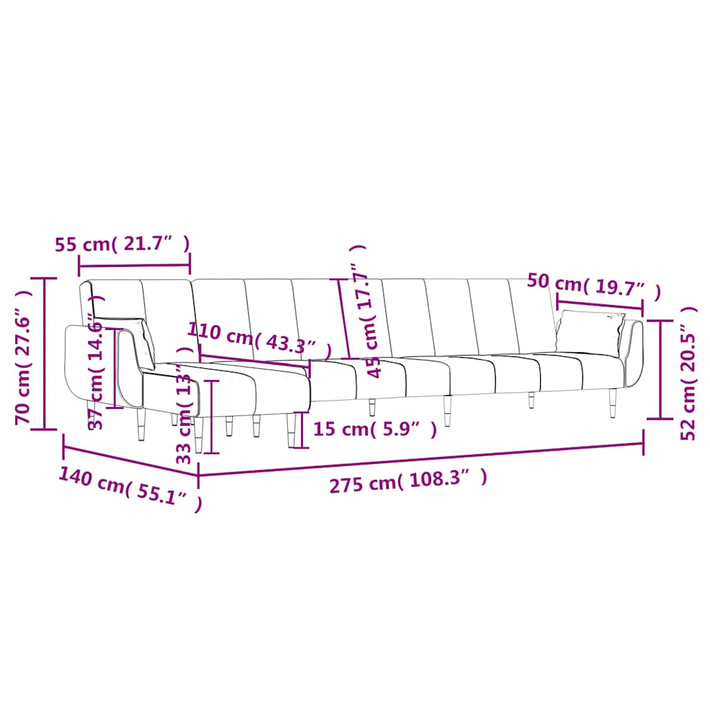 Καναπές Κρεβάτι Γωνιακός Μπλε 275 x 140 x 70 εκ. Βελούδινος