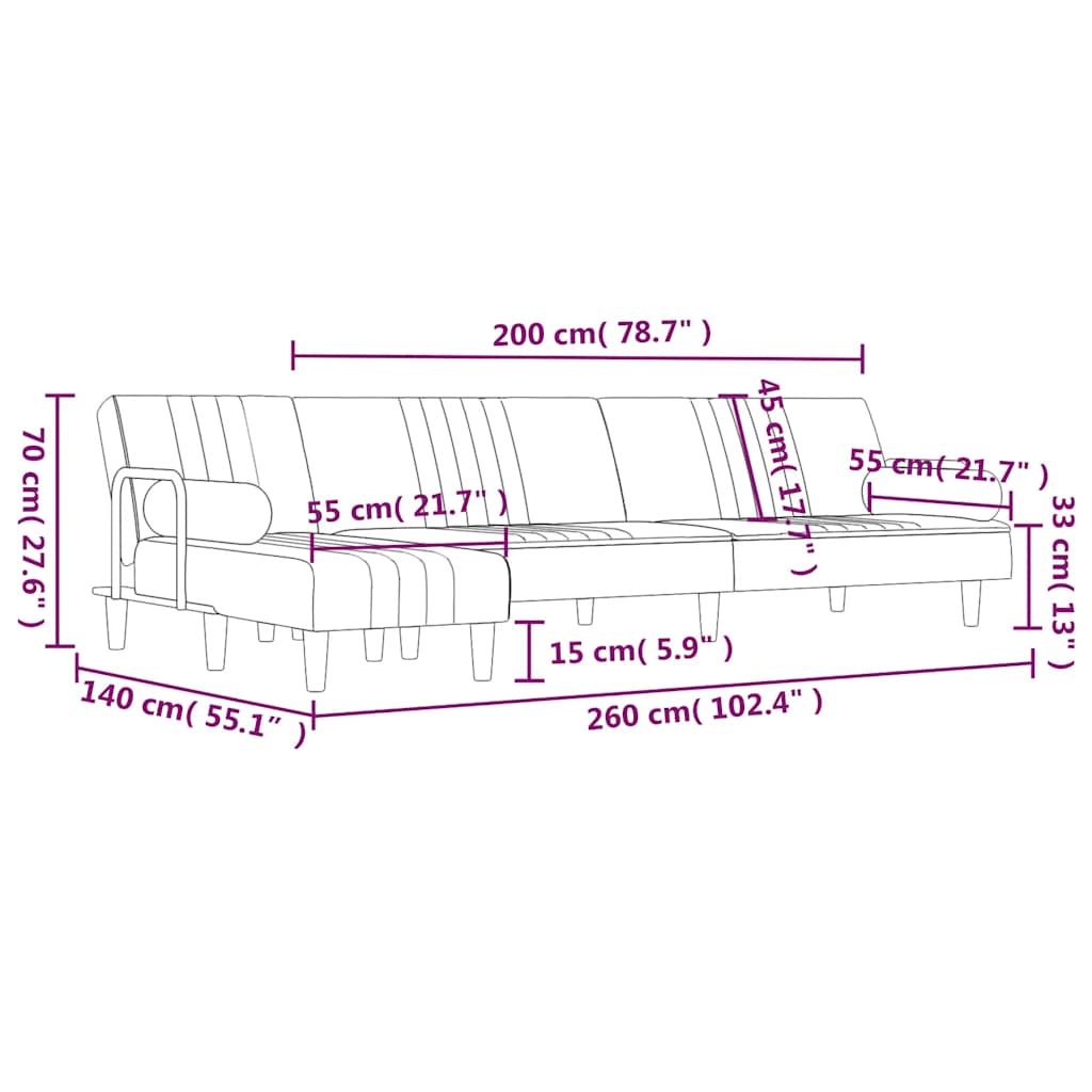 Καναπές Κρεβάτι Γωνιακός Μπλε 260 x 140 x 70 εκ. Βελούδινος