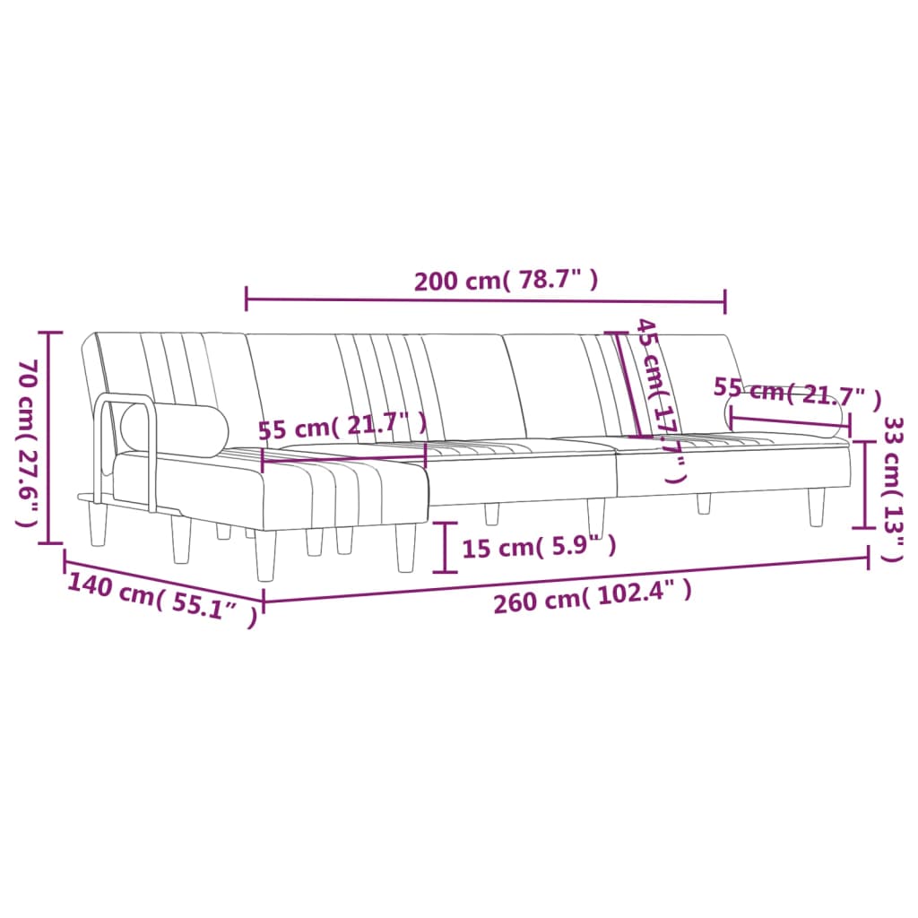 Καναπές Κρεβάτι Γωνιακός Μαύρος 260 x 140 x 70 εκ. Βελούδινος