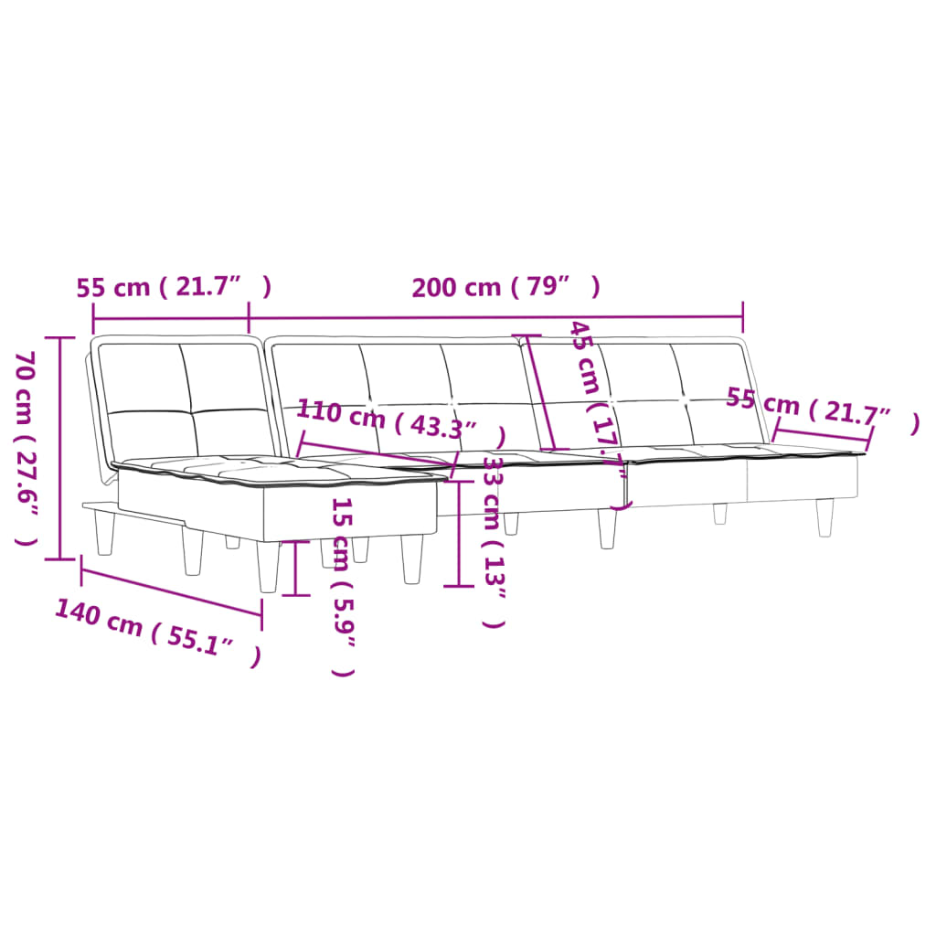 Καναπές Κρεβάτι Γωνιακός Μαύρος 255x140x70 εκ. Υφασμάτινος - Pakobazaar