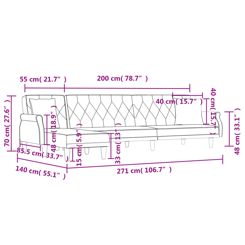 Καναπές Κρεβάτι Γωνιακός Μαύρος 271 x 140 x 70 εκ. Βελούδινος