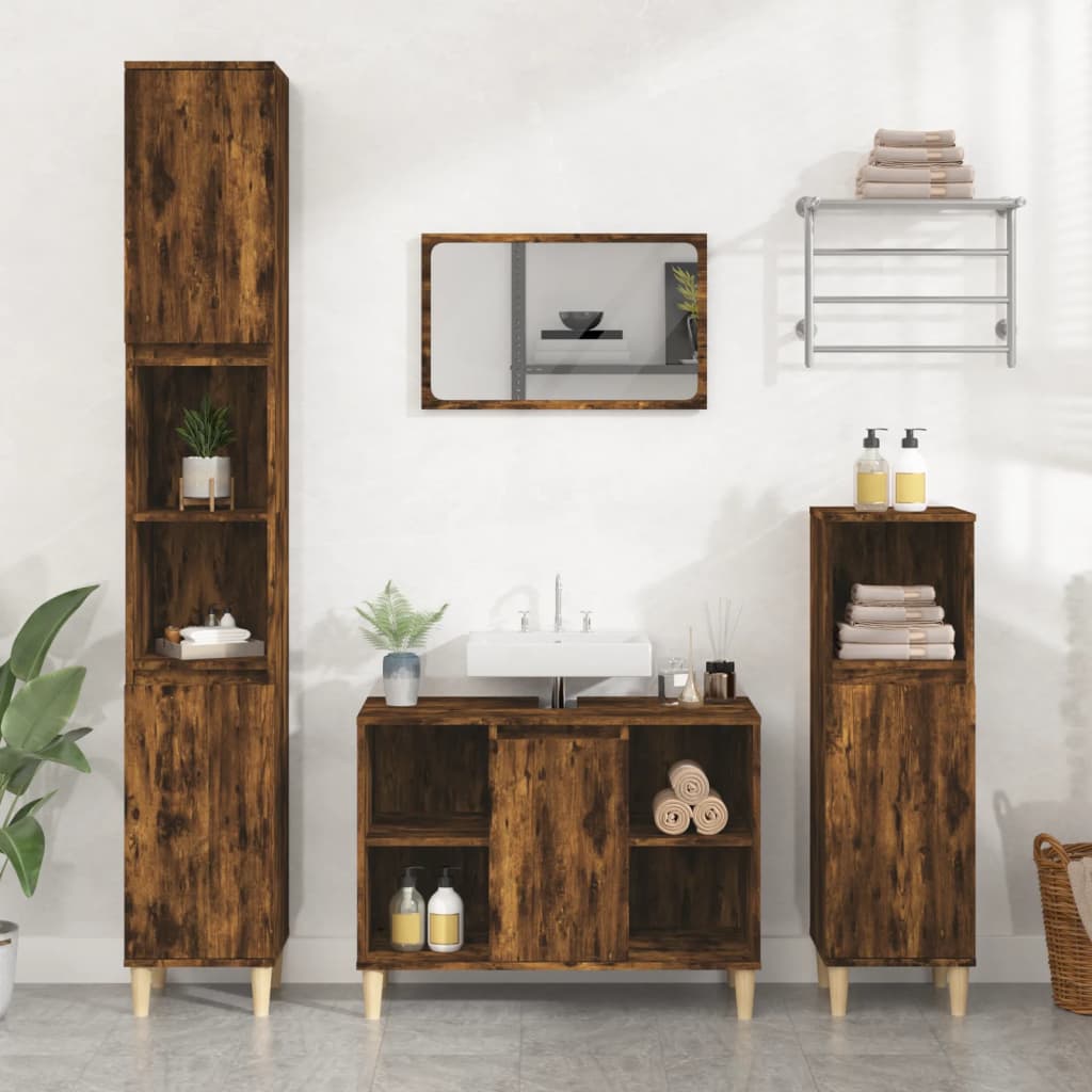 Σετ Επίπλων Μπάνιου 3 Τεμαχίων Καπνιστή Δρυς Επεξεργασμένο Ξύλο